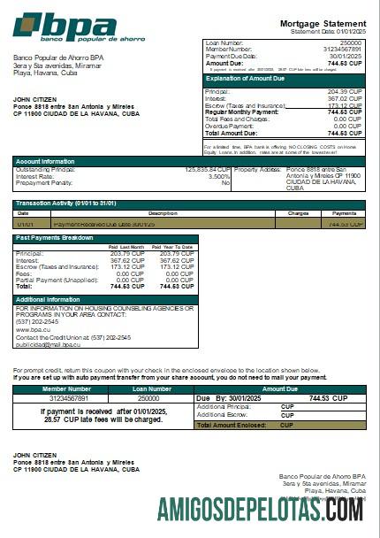 Cuba Banco Popular De Ahorro BPA Bank Mortgage Statement Scr baixar para verificação